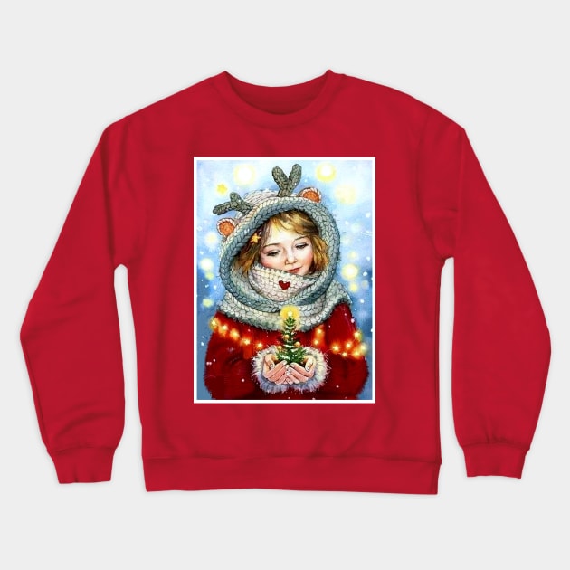 Young Girl Holding a Magical Christmas Tree Print Crewneck Sweatshirt by posterbobs